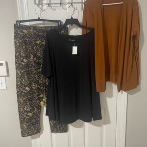 Black Top with Brown Cardigan and Patterned Pants 2x